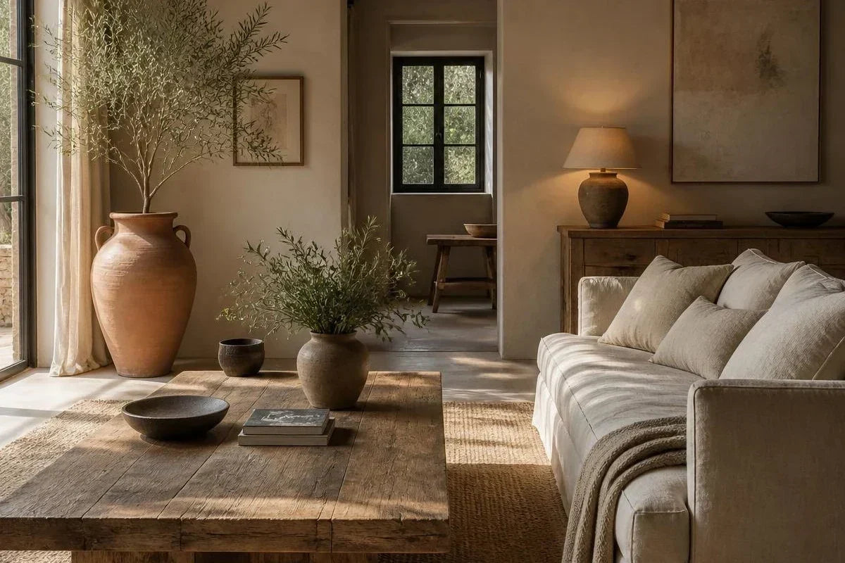 An earthy biophilic living room with a solid wood coffee table, terracotta pots with natural branches and a sofa with a warm throw.