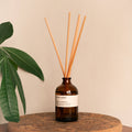 Amber glass reed diffuser with natural wood reeds on a round wooden tray next to a green leaf.