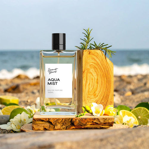 A clear rectangular perfume bottle labelled 'Aqua Mist' with a black cap, styled on a beach with ocean waves in the background, surrounded by limes, white flowers, and a wooden slice prop.