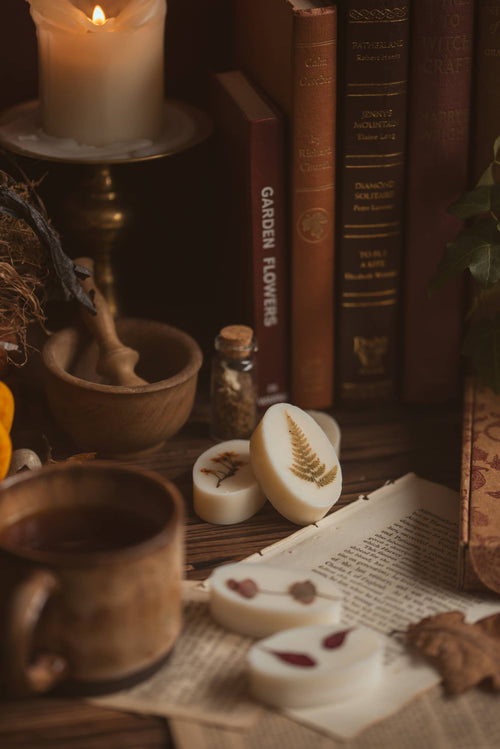 A cozy tabletop scene featuring white botanical wax melts resting on an open book alongside a lit candle in a holder, vintage books, a ceramic mug, and dried natural botanicals.