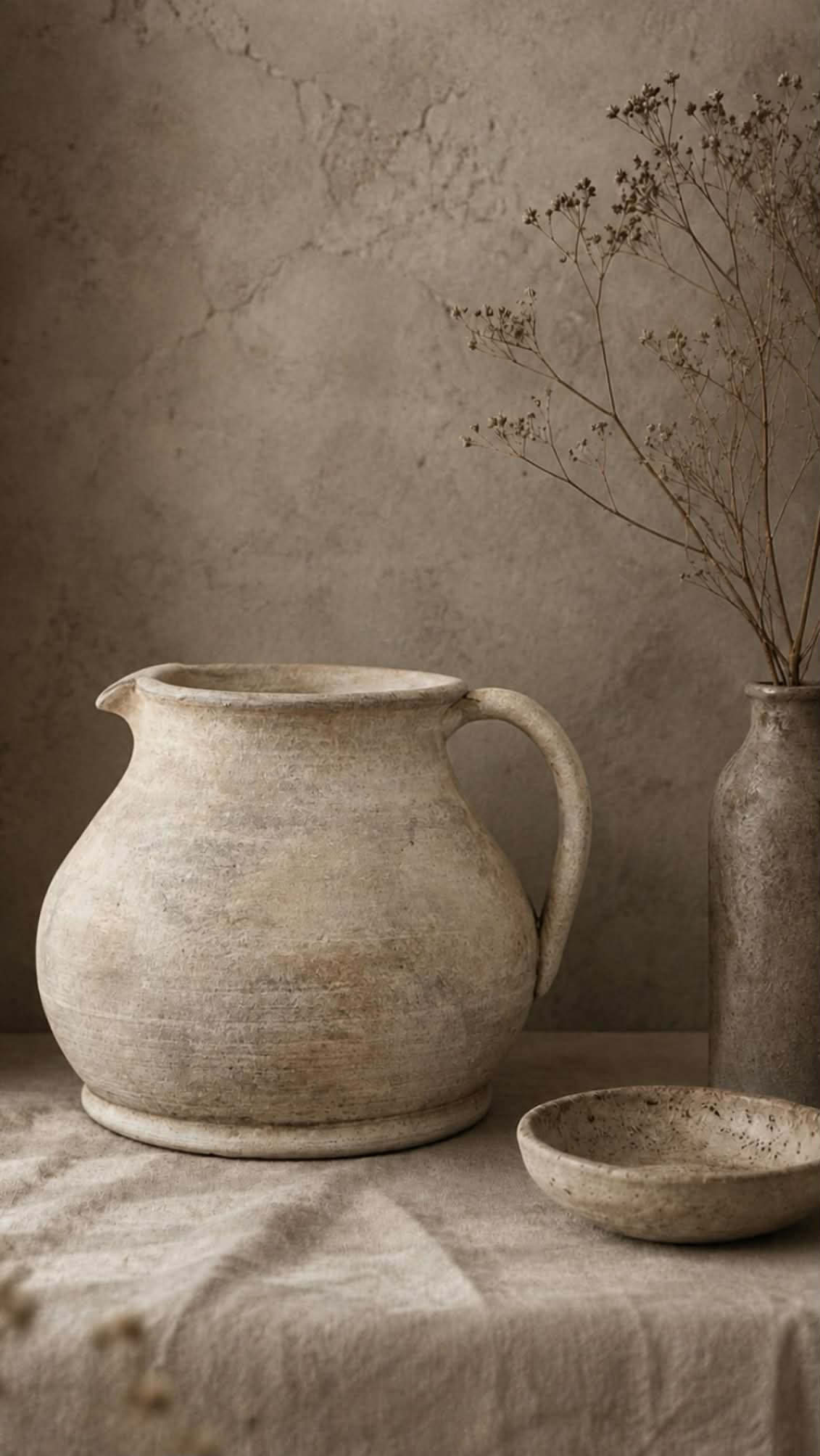 A rustic terracotta jug vase with a textured, distressed finish sits on a linen-covered table next to a shallow matching bowl and a tall vase with dried branches, set against a textured plaster wall.