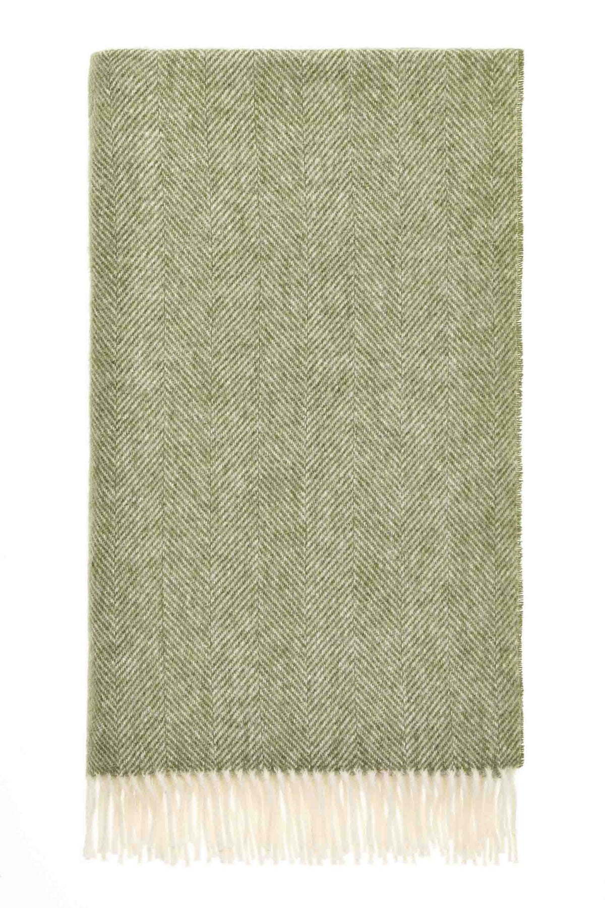 Green British wool throw in a classic herringbone weave with fringed edges, laid flat on a neutral background.