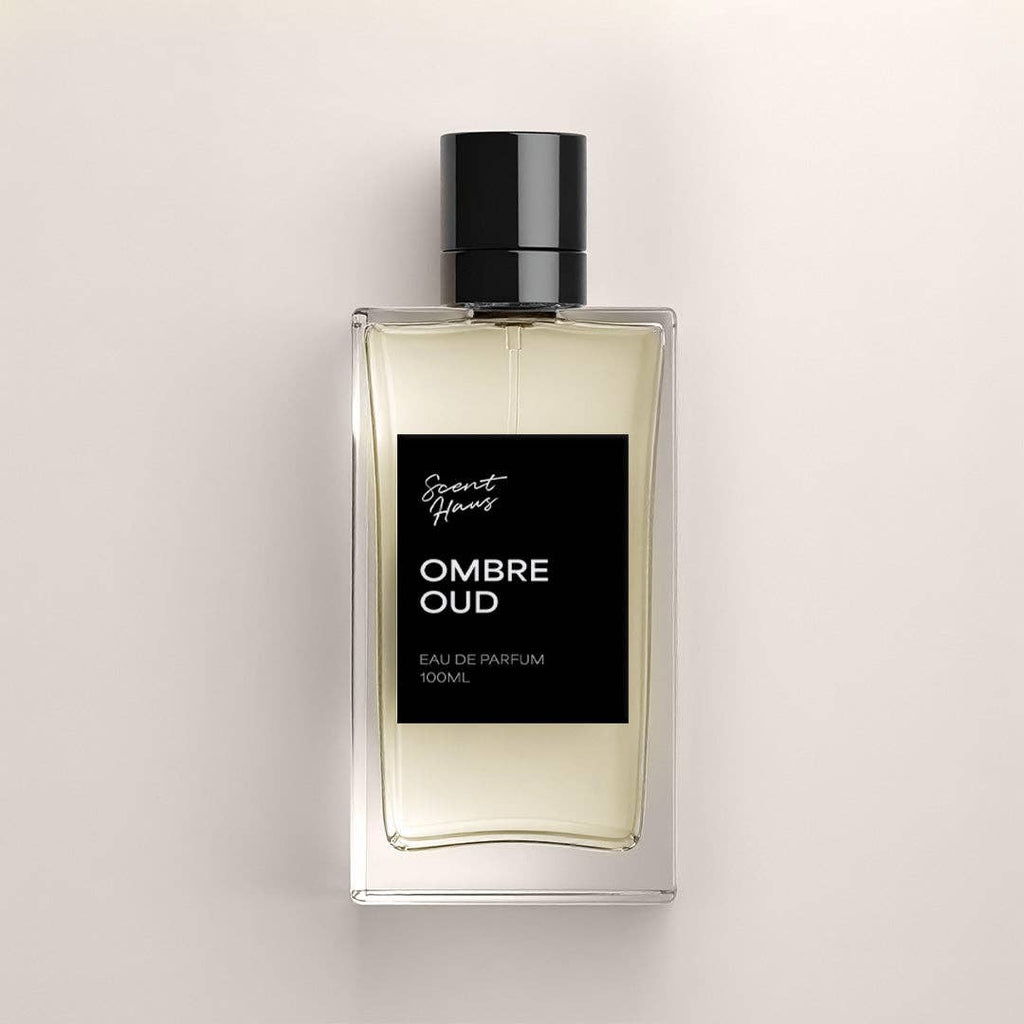 Perfume bottle labelled 'Ombre Oud' on a light grey background