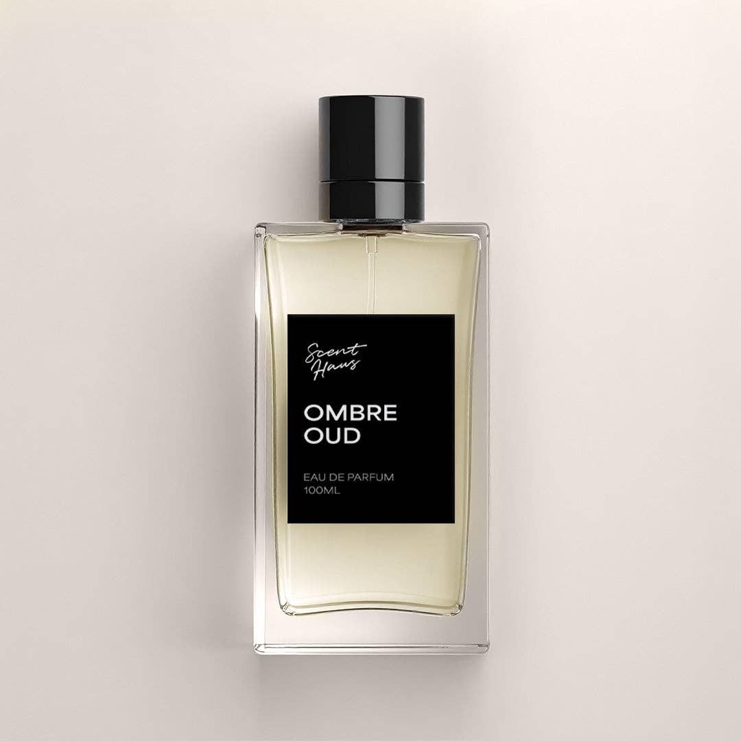 Perfume bottle labelled 'Ombre Oud' on a light grey background