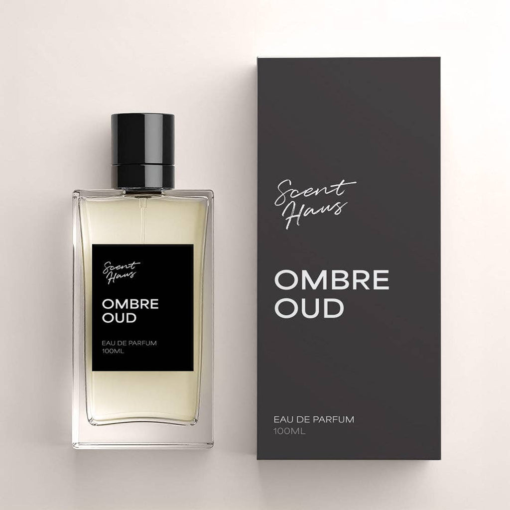 Perfume bottle and packaging of 'Ombre Oud' by Scent Haus on a light grey background