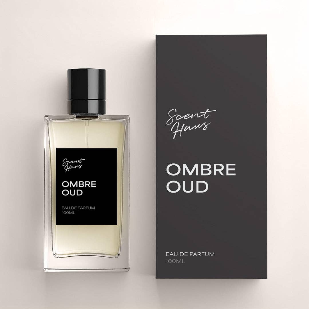 Perfume bottle and packaging of 'Ombre Oud' by Scent Haus on a light grey background