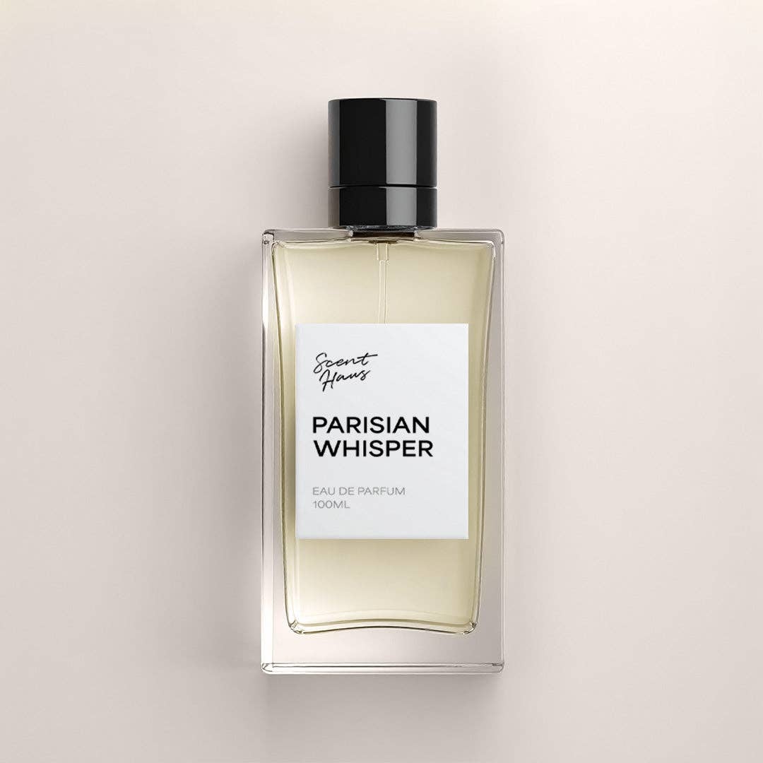 Perfume bottle labelled 'Parisian Whisper' on a light beige background.