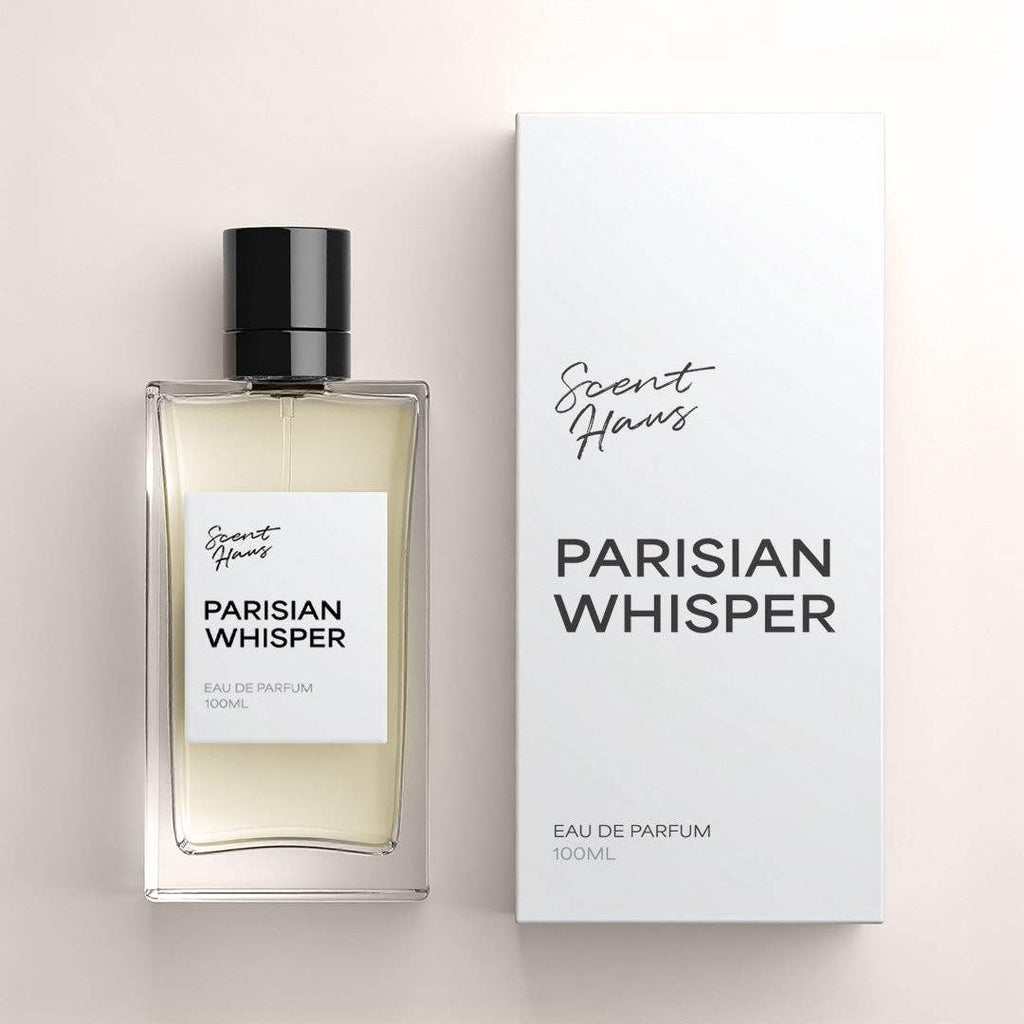 Perfume bottle and packaging of 'Parisian Whisper' by Scent Haus on a light background.