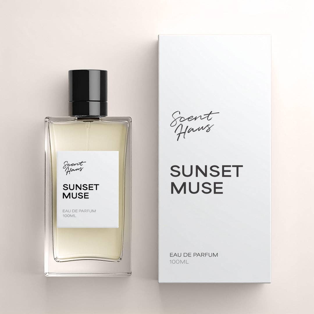 Perfume bottle and packaging of 'Sunset Muse' by Scent Haus on a light background