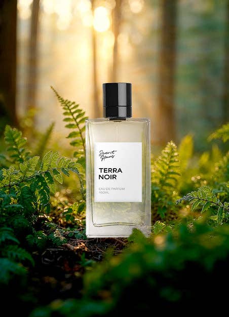 Terra Noir perfume bottle in a forest setting