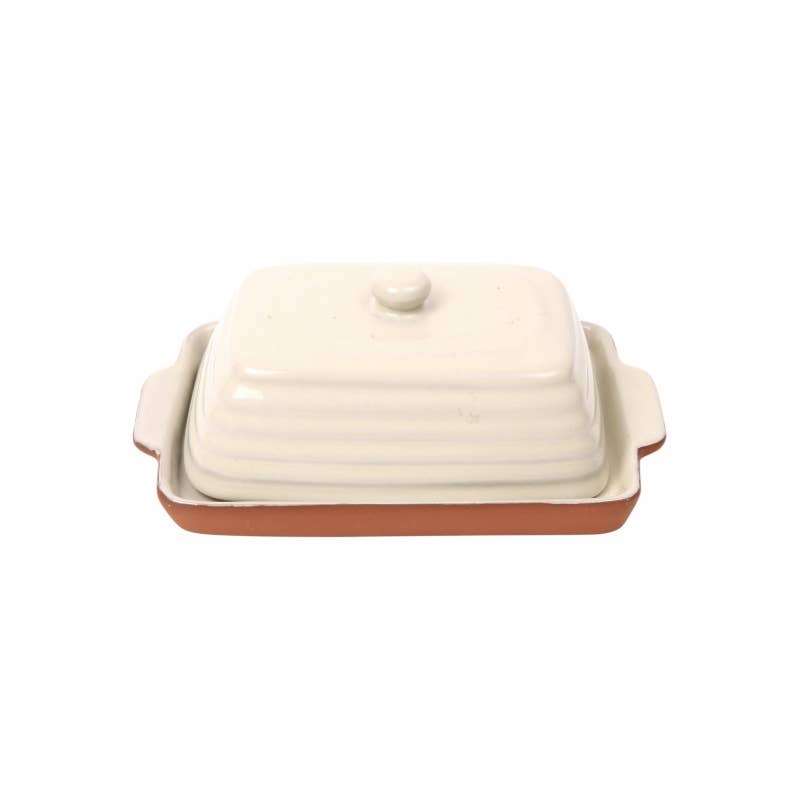 Rectangular terracotta butter dish with a matching lid on a clean white background.