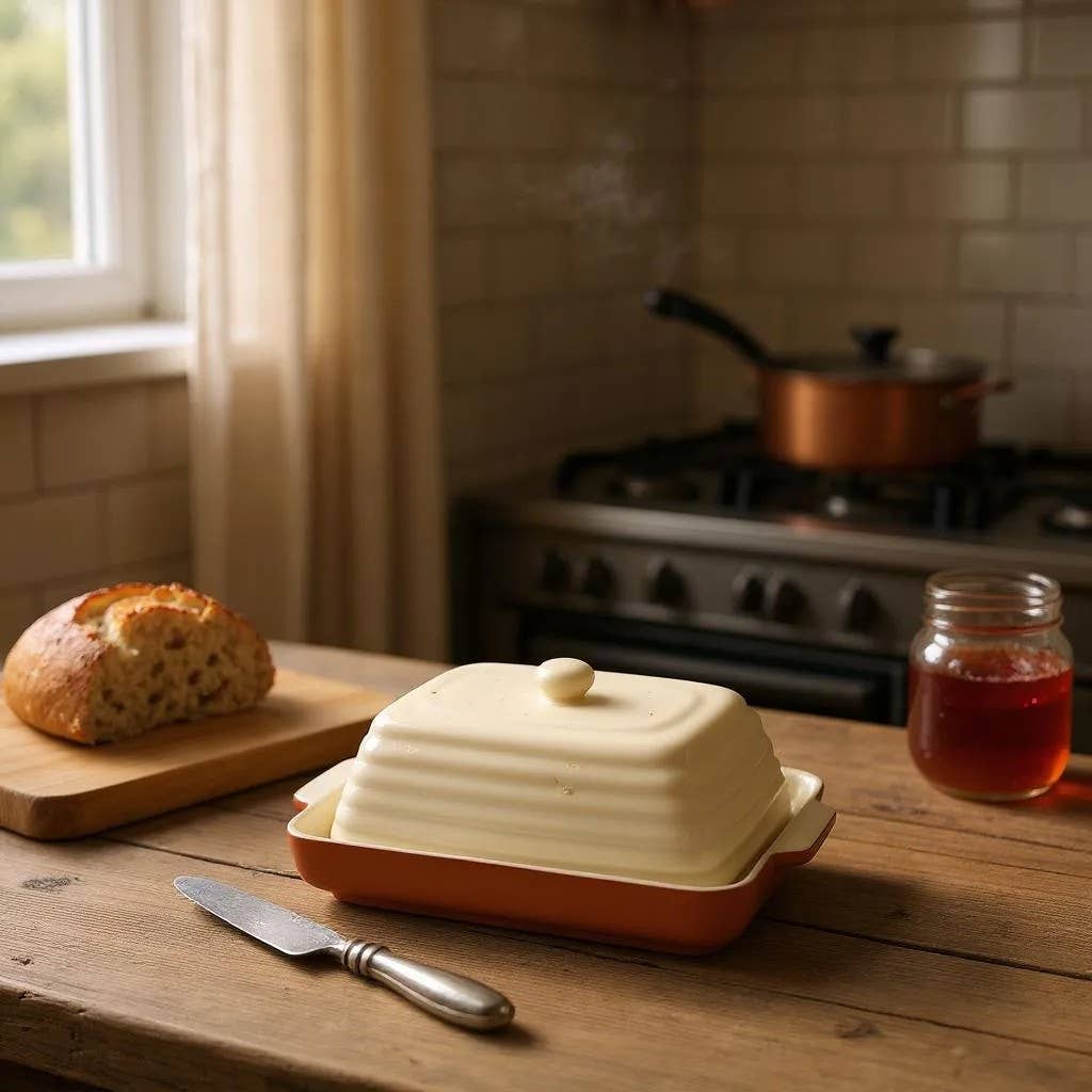 Terracotta butter dish with a butter knife and fresh bread on a solid wooden kitchen table.
