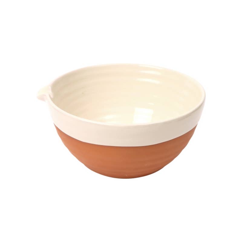 Terracotta mixing bowl featuring a stone glazed top and a raw terracotta base on a clean white background.
