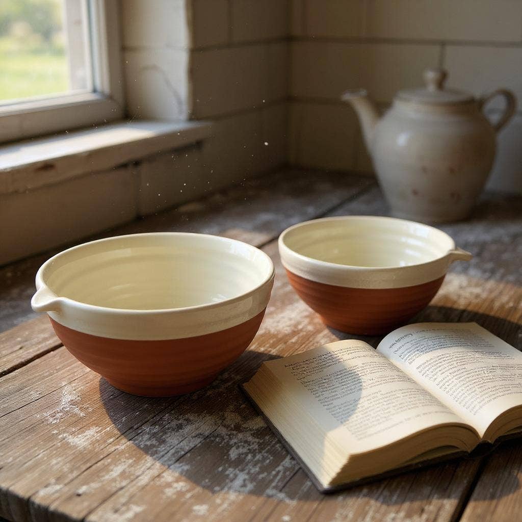 Two terracotta bowls with stone glazed tops sit on a rustic wooden table next to an open book, with a white teapot in the background near a window.