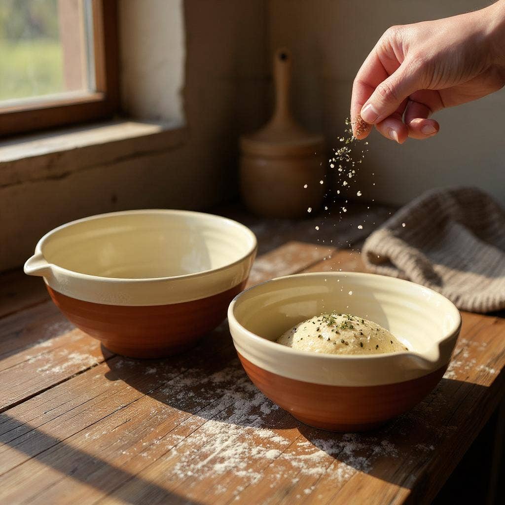 Two terracotta mixing bowls with stone glazed top and terracotta interiors on a rustic wooden table, with bread dough being seasoned in warm natural light.