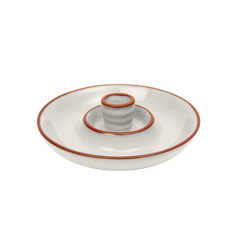 Stone glazed terracotta olive dish on a clean white background.