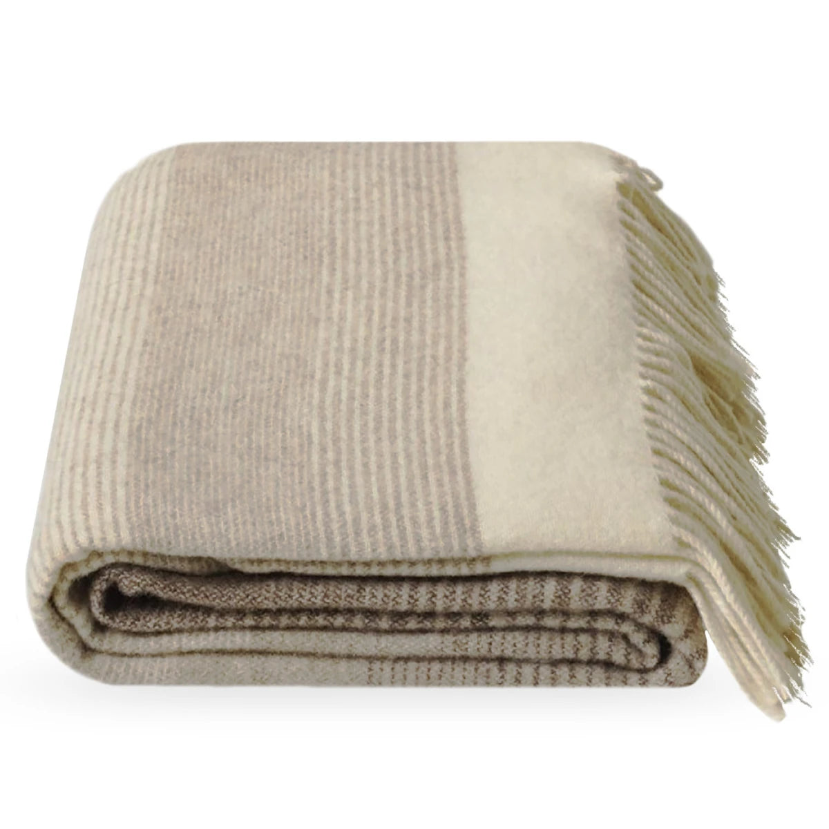 A folded Dolores woollen throw blanket with fringed edges, featuring a striped pattern in beige, taupe, and cream on a white background.
