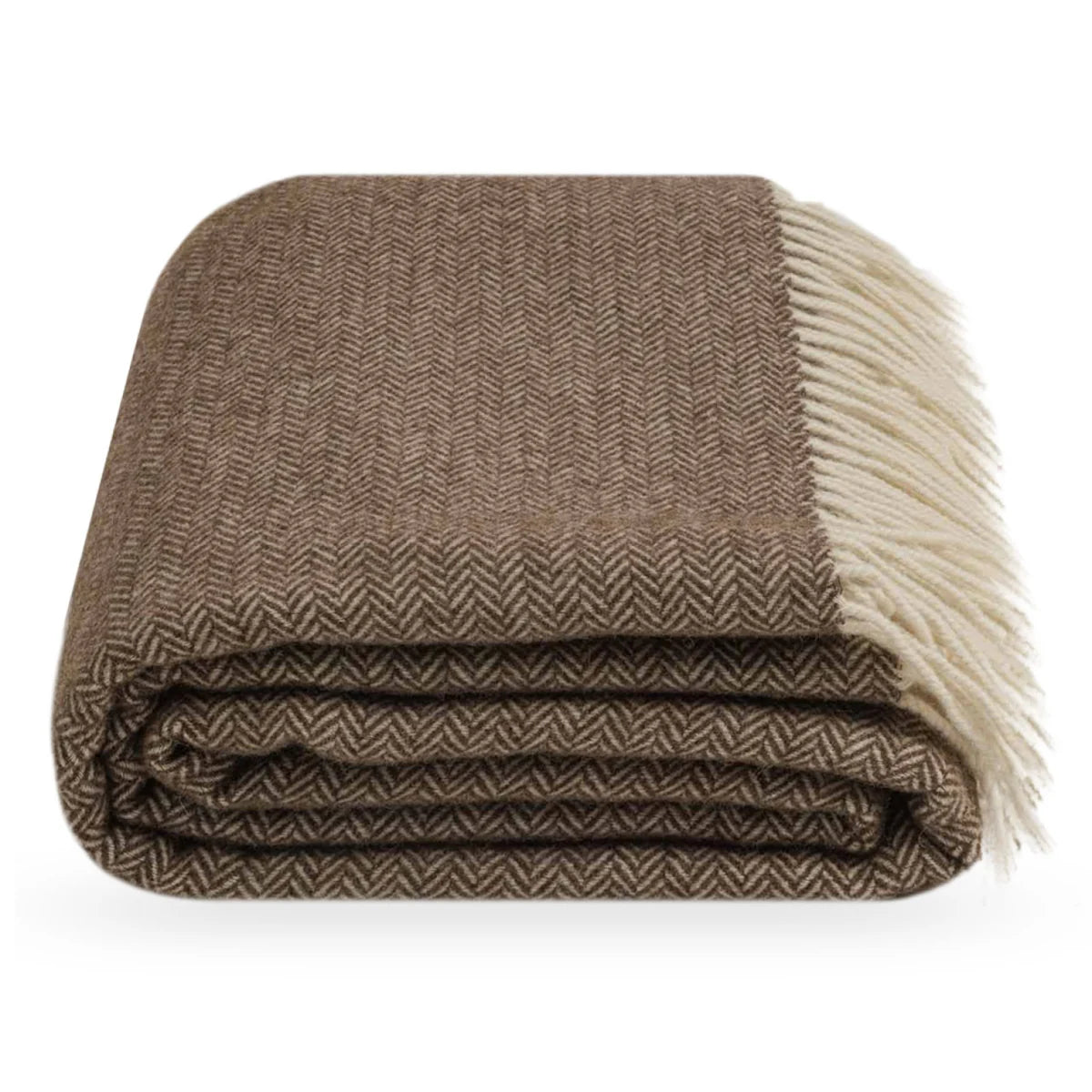 A folded brown and beige herringbone throw blanket with cream-colored fringe, shown on a clean white background.