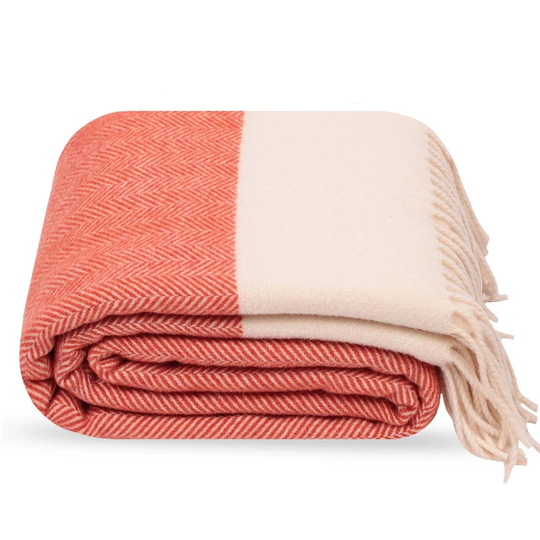Folded Montre merino wool throw with orange and beige stripes on a white background.