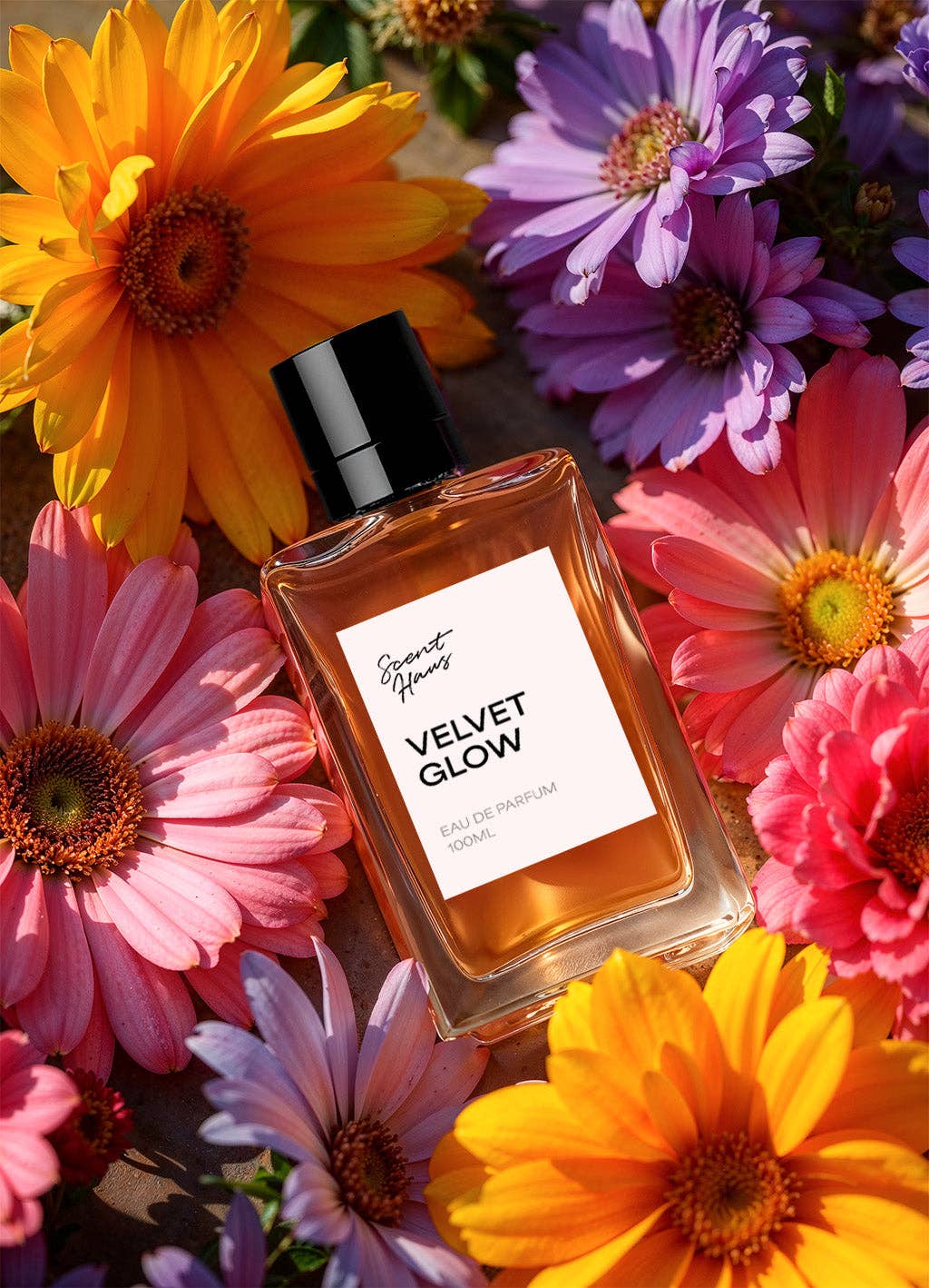 Perfume bottle labeled 'Velvet Glow' surrounded by colorful flowers