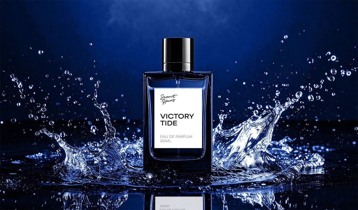 Victory Tide Eau de Parfum bottle, a dark blue rectangular glass bottle with a black cap and white label, set against a dark blue background with dramatic water splashes.